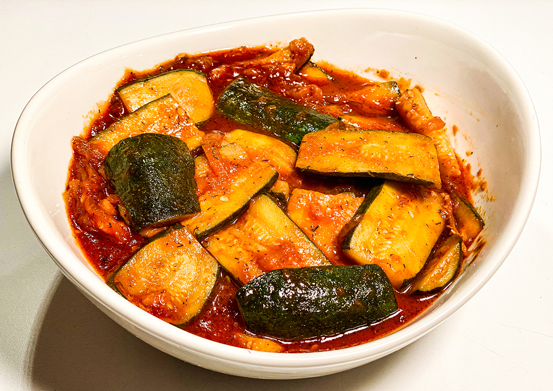 KASHKARIKAS: Egyptian Peeled Zucchini Stew with Tomato, Lemon and Dill AND Turmeric Yellow Rice