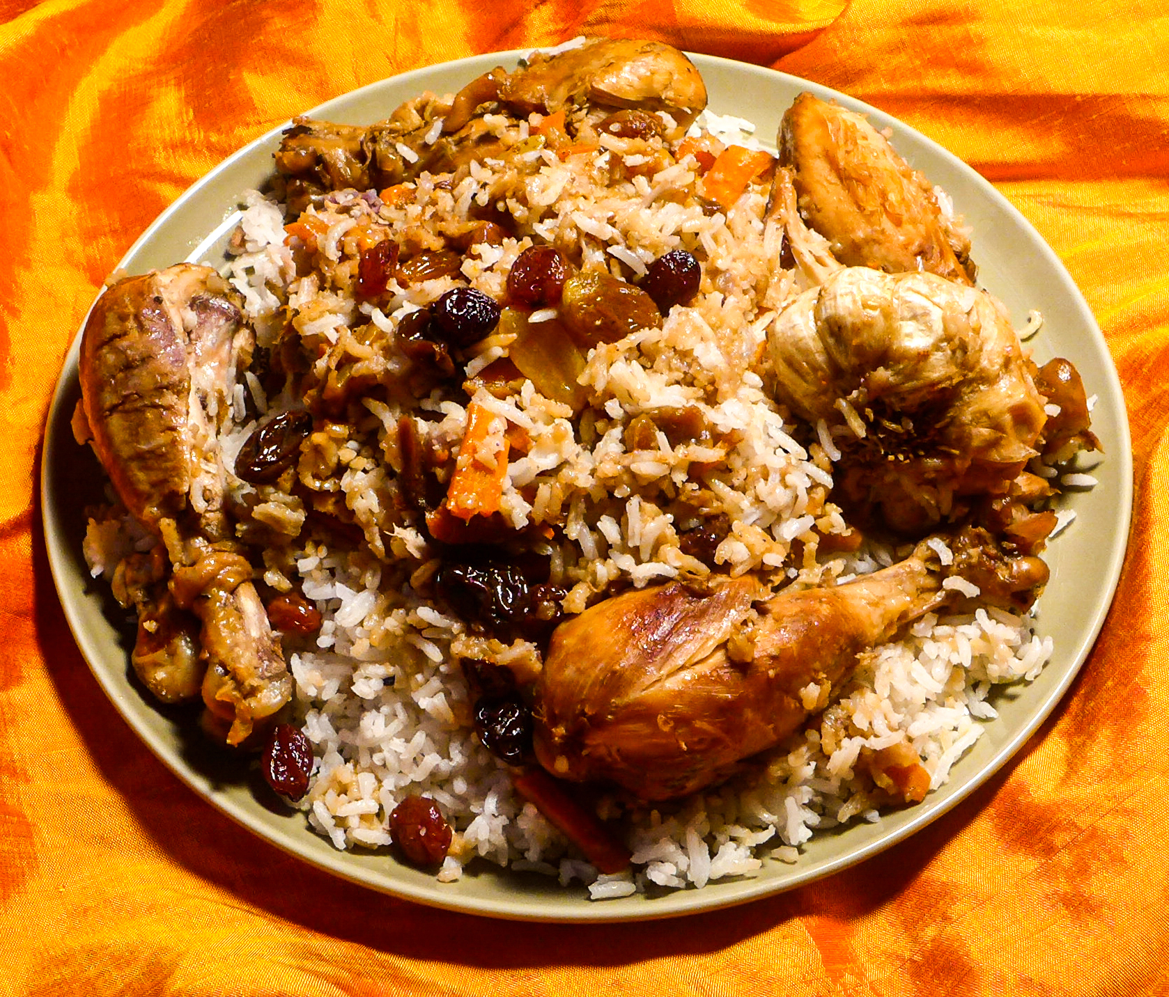 KABUL PALAU: Afghani-Bukharian Rice Casserole with Chicken, Carrots, and Raisins