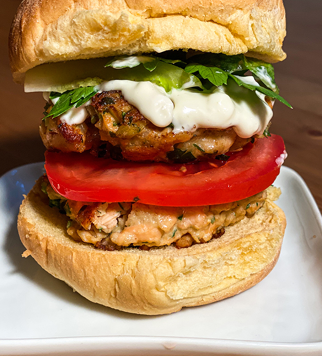 FRESH SALMON BURGERS with Scallions, Ginger Root, and Garlicky Mayonnaise Dressing