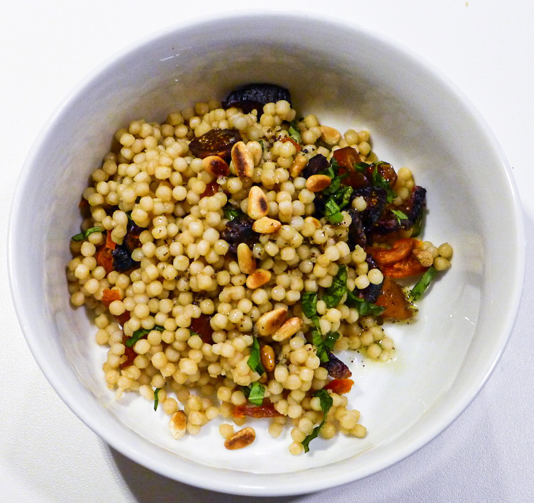 LEBANESE COUSCOUS SALAD with Basil, Apricots, Dates, and Toasted Pine Nuts with a Honey-Lemon Dressing