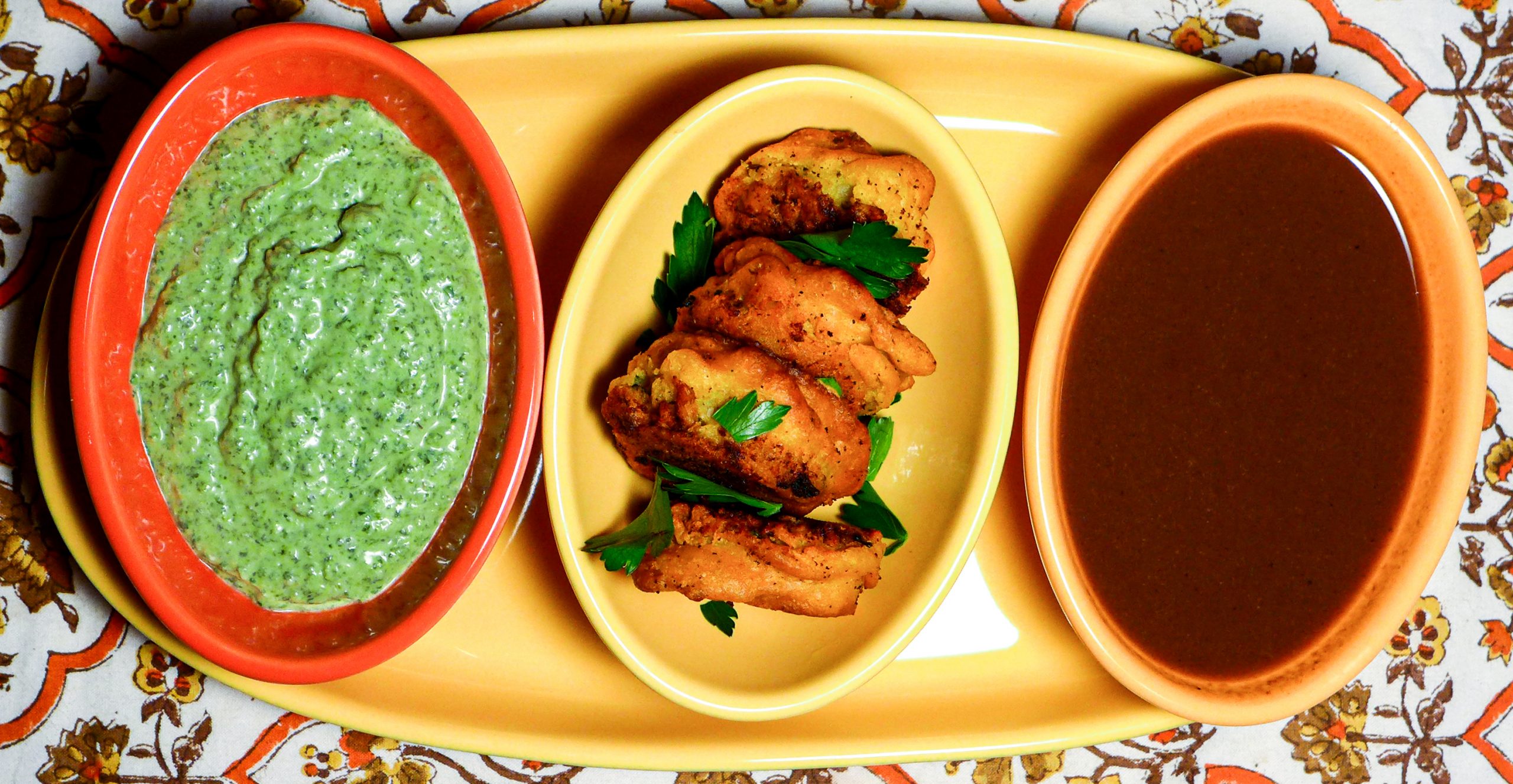 BATATA VADA: Indian Potato Fritters with Mustard, Cumin, Curry, and Ginger (served with Green Coriander-Mint Chutney)