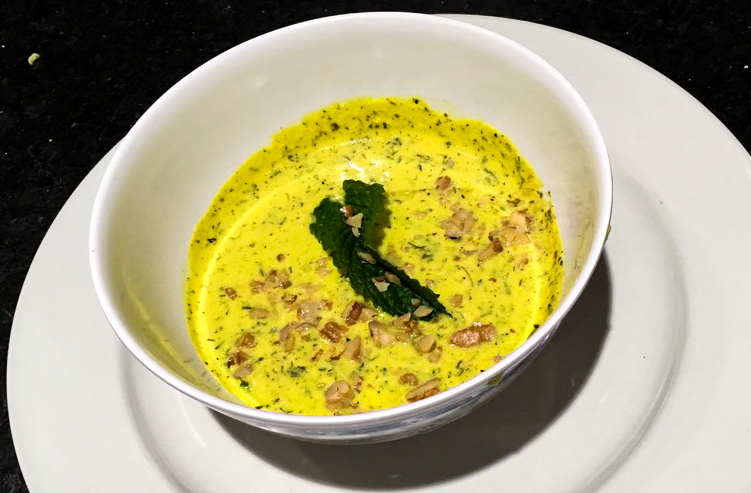 KOLLAH JUSH: Persian Warm Yogurt Soup with Onions, Dried Mint, Dill, and Turmeric
