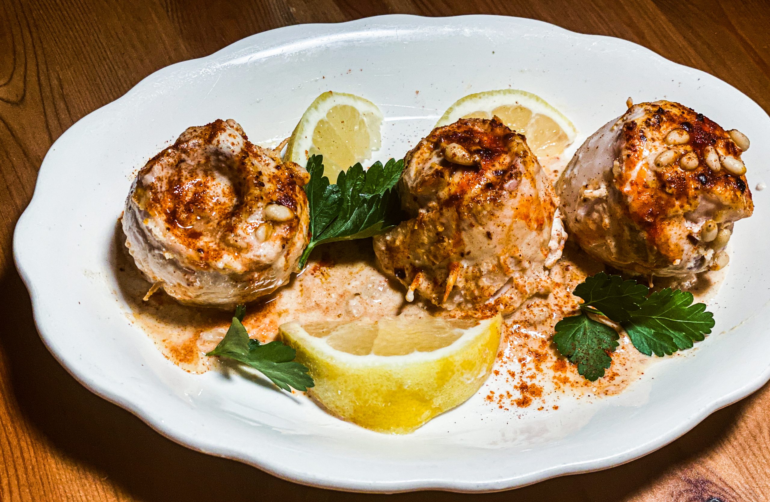 SAMAK m’TAHINA: Syrian Baked Fish with Garlic and Tahini-Lemon Sauce AND Bulgur Pilaf with Chickpeas
