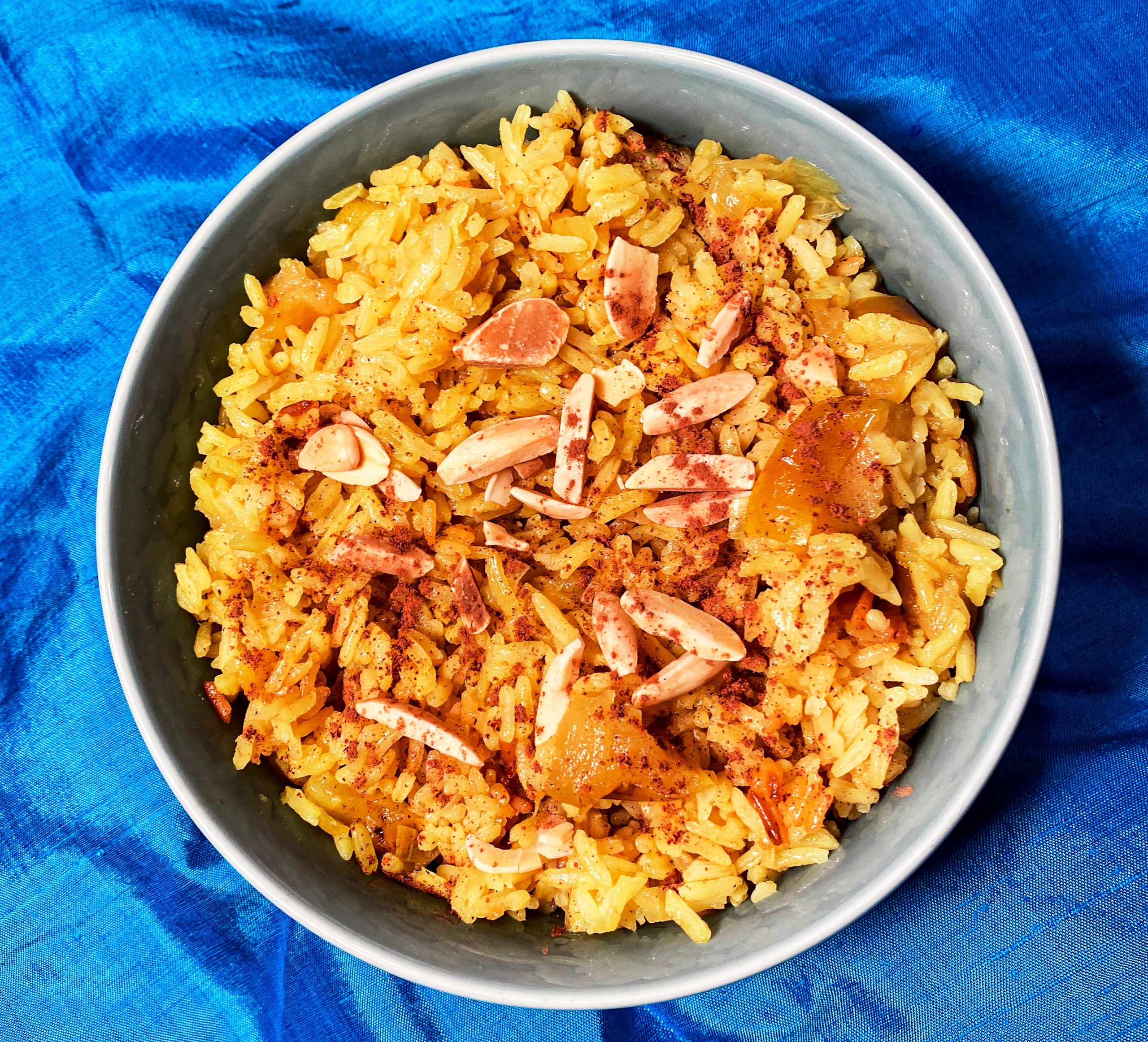 FALL RICE with Chopped Apples, Almonds, Cinnamon, and Savory Onions