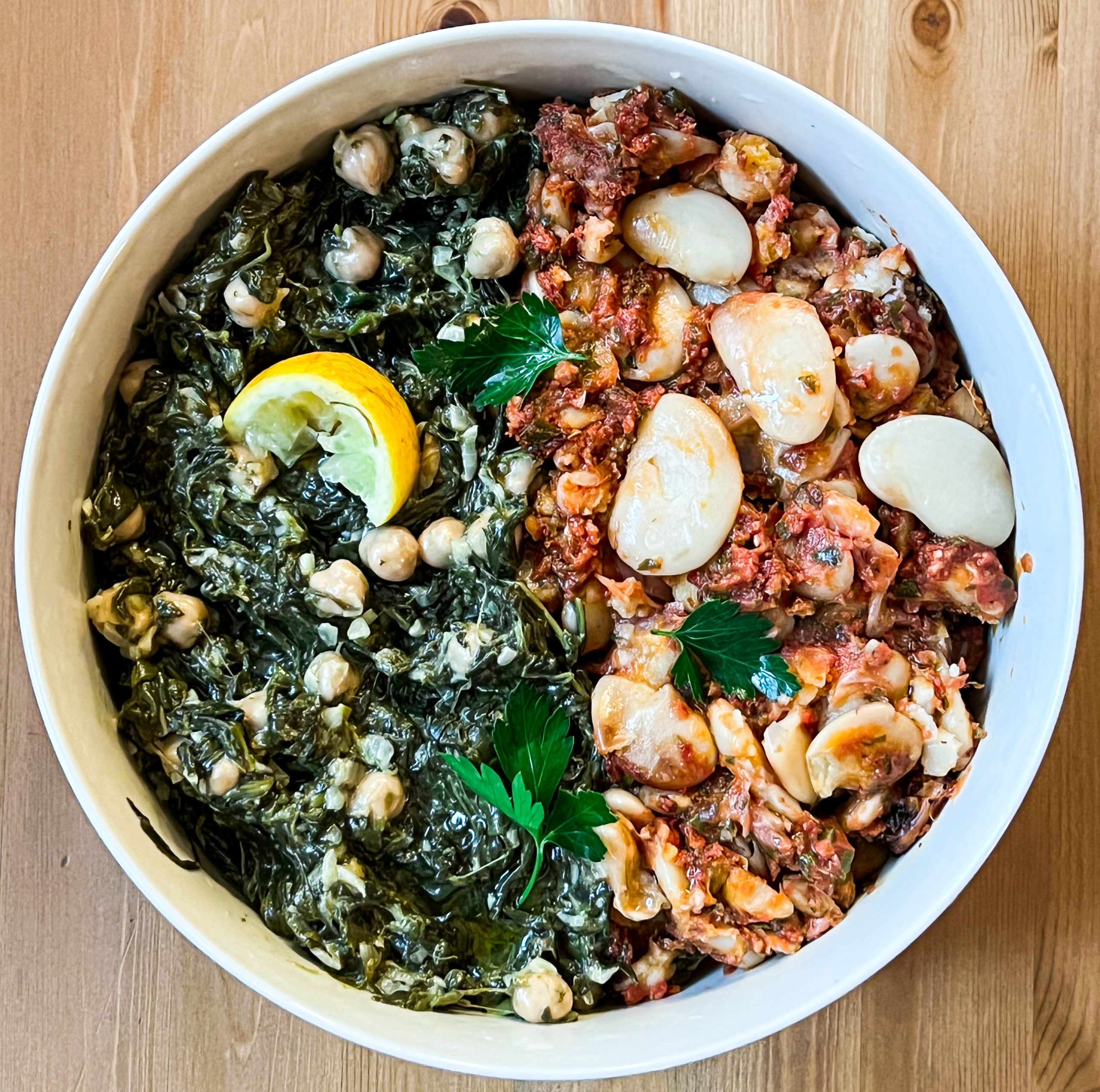 Warm Lemony Spinach with Chickpeas AND Baked Broad Beans with Tomatoes, Garlic and Oregano