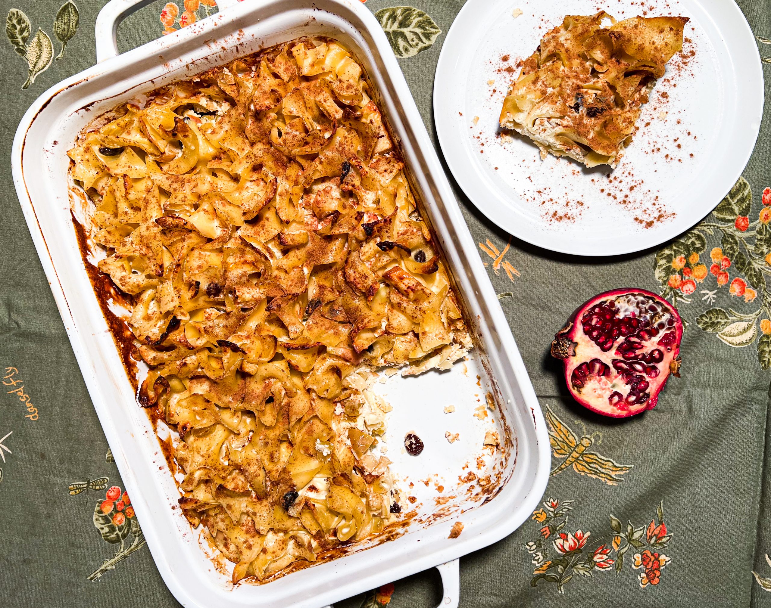 LOKSHEN KUGEL: Ashkenazi Baked Noodle Pudding with Farmer Cheese, Apples, and Raisins